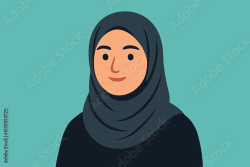 Modern Muslim woman in hijab vector illustration. Portrait of a beautiful smiling female person. Flat cartoon character avatar. Islamic girl headshot for diversity and equality.
