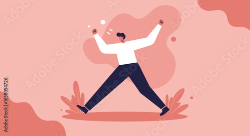 Energetic man celebrating success or freedom with arms raised. Represents happiness, achievement, motivation, and positive life concepts.