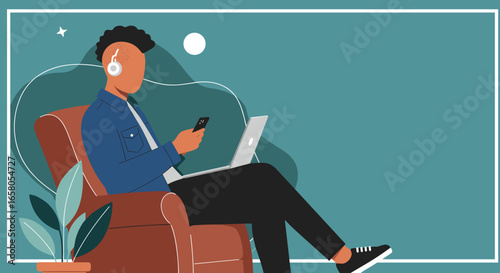 A young person multitasking with laptop and smartphone while listening to music in a cozy armchair, representing remote work, online learning, and digital lifestyle.