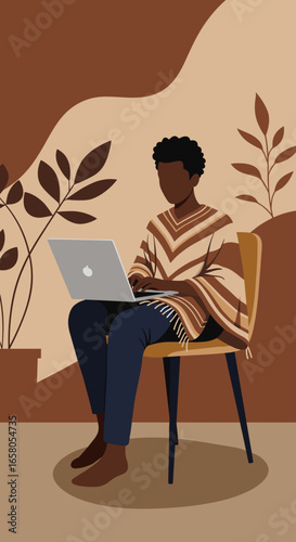 Person in a cozy poncho works on a laptop in a warm, minimalist home environment. Ideal for remote work, education, or creative projects.