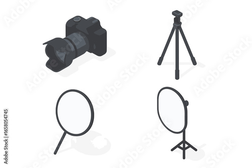 Isometric Flat Icon Set of Photography Tools Including Camera with Lens Hood, Tripod, Reflector, Diffuser, and Accessories Vector Illustration on Transparent Background
