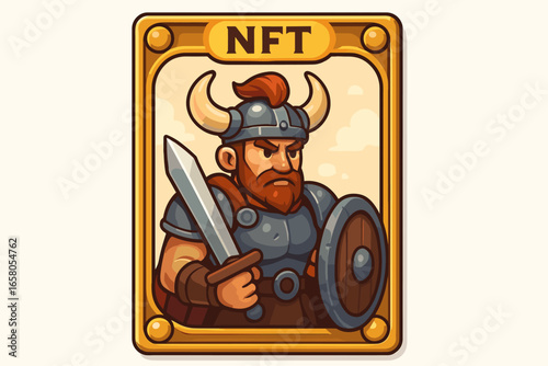 NFT crypto art collectible card with a viking gaming hero. Non-fungible token concept for a blockchain game. Fictive digital art of a warrior character. Vector illustration.