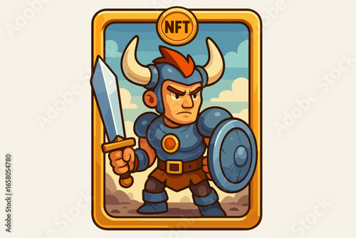 NFT crypto art card with a gaming hero character. Non-fungible token collectible concept for digital blockchain art. Cartoon vector illustration of a warrior with a sword.