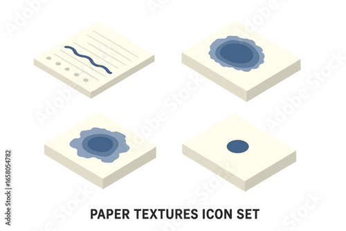 Isometric paper texture icon set showing ink reactions. Vector graphics of ink bleed, blots, and stains on different paper materials. Concept for absorbency, writing, drawing.