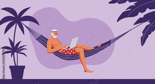 Senior man enjoys remote work on a laptop in a hammock, embracing a flexible digital nomad lifestyle during tropical vacation.