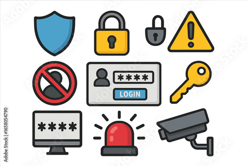 Security icon set. Vector collection of safety symbols like shield, lock, password, and key. Cybersecurity, data protection and privacy concept. Login and access control design.