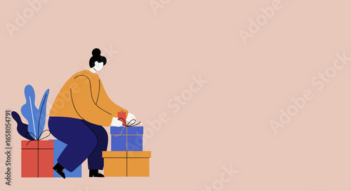 A person organizes vibrant gift boxes, symbolizing thoughtful giving and celebration. Ideal for holiday promotions, shopping, or special occasions.