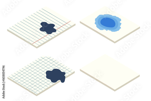 Isometric paper texture icon set. Lined paper, graph paper, and watercolor paper with ink blots and bleeds. Vector illustration of stationery and office supply concepts.