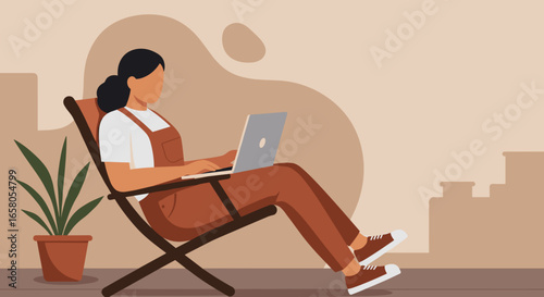 Person working remotely on laptop outdoors, embodying freelance lifestyle, digital nomadism, and flexible work-life balance. Ideal for business and technology themes.