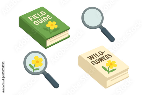 Isometric vector illustration of wildflower identification tools set with field guide books and magnifying glass, botany research, plant taxonomy, flower species discovery, nature exploration concepts
