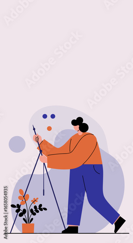 Modern illustration of a person engaged in a creative hobby like painting or photography, symbolizing artistic expression and leisure activities.