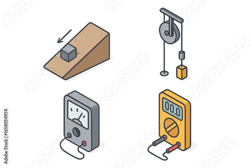 Isometric flat physics experiment icons set including inclined plane, pulley, voltmeter, multimeter, science lab equipment, vector illustration on transparent background