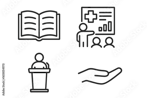 Patient education line icon set. Medical training and healthcare information. Doctor presentation, seminar, lecture. Health knowledge, learning, support, and care vector icons.