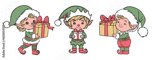 Vector illustration of three cute Santa’s little helpers, Christmas elves in festive outfits holding gift boxes. Adorable cartoon characters for holiday, New Year and children’s design