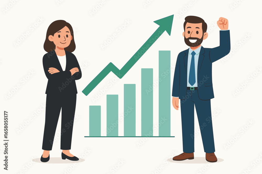 Fototapeta premium Business success and teamwork concept. Businessman and woman characters with rising graph. Financial growth and profit diagram with upward arrow. Corporate achievement vector.