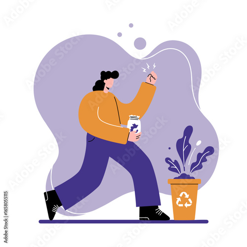 A determined person responsibly disposes of items into a recycling bin, emphasizing environmental protection and sustainable living. Promoting eco-friendly practices.