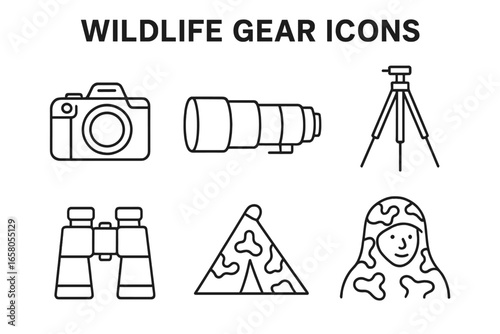 Outline vector icon set of wildlife photography gear including DSLR camera, telephoto lens, tripod, binoculars, and camouflage equipment, perfect for nature and outdoor adventure designs