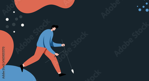 Minimalist illustration of a person walking with a long stick, symbolizing exploration, progress, and finding a path forward in life.