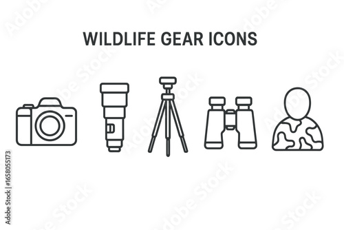 Wildlife photography gear icons set, outline style vector illustration featuring DSLR camera, telephoto lens, tripod, binoculars, camouflage equipment for outdoor nature exploration