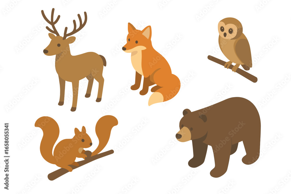 Naklejka premium Isometric Flat Icon Set of Forest Wildlife and Fauna Featuring Deer, Fox, Owl Perched, Squirrel on Branch, and Bear Vector Illustration on Transparent Background