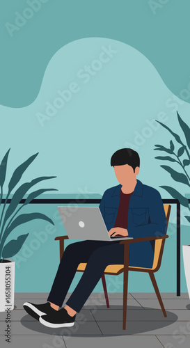 A person works remotely on a laptop from a relaxing outdoor patio or balcony, embodying modern work flexibility and a balanced lifestyle.