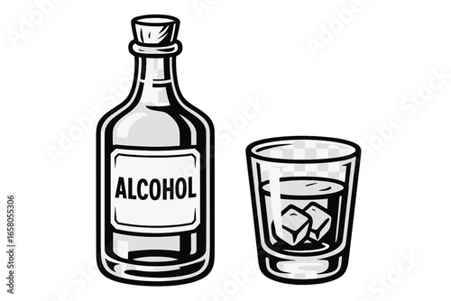 Alcohol bottle and glass with ice cubes vector illustration. Whiskey, rum or vodka on the rocks. Monochrome drink icon for bar menu, party poster or logo. Vintage style beverage.