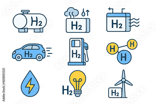 Hydrogen energy H2 technology icon set. Green renewable power, fuel cell car, refueling station and sustainable clean electricity generation symbols. Vector illustration collection.