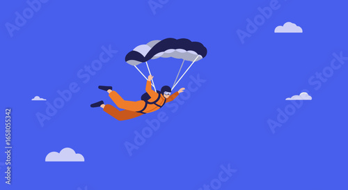 Adventurous person in orange jumpsuit skydiving with parachute in blue sky with clouds. Represents freedom, excitement, and extreme sports. Ideal for travel and leisure concepts.