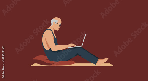 Elderly man comfortably uses a laptop, representing digital connectivity and lifelong learning. Ideal for technology, retirement, or lifestyle concepts.