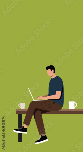 Modern illustration of a person working remotely on a laptop, symbolizing digital communication, flexible lifestyle, and productivity. Ideal for tech, business, and education concepts.
