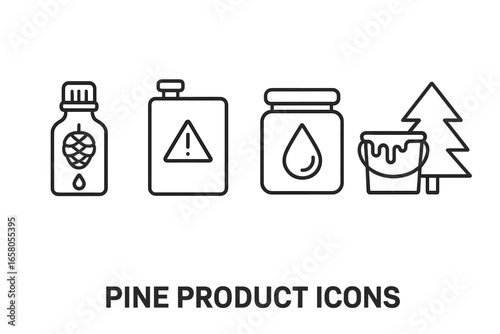 Pine Derived Product Line Icons Set. Outline Vector Symbols for Pine Essential Oil Bottle, Turpentine Canister, Pine Resin Jar, Pitch Tar Bucket, Pine Tree. Natural Extracts, Industrial, Aromatherapy