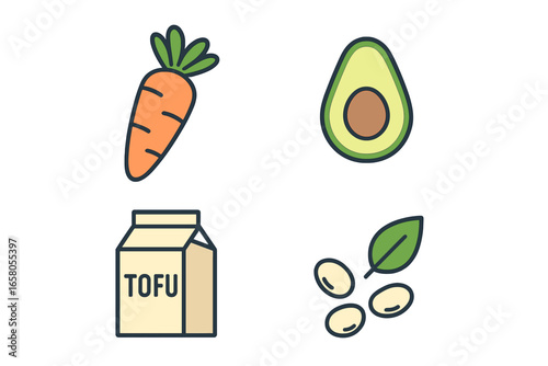 Plant based food icon set. Vegan product vector illustrations. Healthy diet concept symbols. Carrot, avocado, tofu, soy beans. Minimalist cartoon style for nutrition.