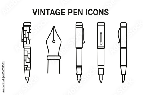 Vintage Pen Icon Set, Outline Collection of Classic Fountain Pens with Amber Celluloid, Gold-Plated Nib, Ebonite Shaft, Lever Mechanism, Retro Writing Tools Vector Illustration