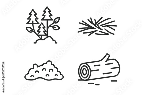 Pine forest ecosystem outline icons. Set of 4 vector symbols. Understory shrub, forest floor needles, moss patch, and a fallen log. Nature, environment, biology, forestry.