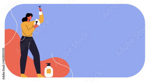 Woman shaving armpit, applying shaving cream with a razor for body hair removal. Concepts of personal hygiene, self-care, and beauty routine. Ideal for lifestyle and cosmetic brands.