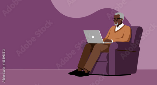 Elderly Black man comfortably using a laptop in a purple armchair, representing senior technology adoption, online learning, or leisure at home.