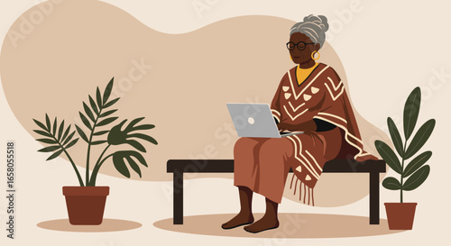 Elegant senior Black woman using a laptop, symbolizing digital literacy, connectivity, and modern living for older adults.