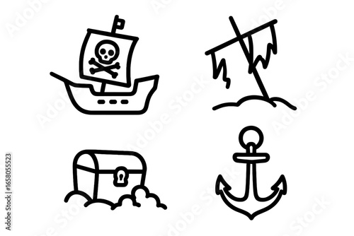 Set of 4 Pirate Outline Icons with Shipwreck Silhouette, Broken Mast, Tattered Sail, and Anchor Vector Illustration on Transparent Background, Nautical Pirate Loot Symbols