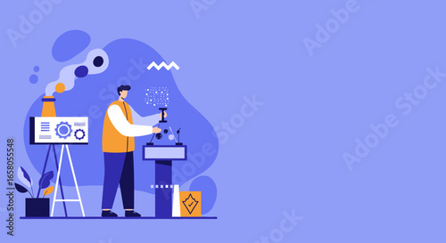 A man works in a modern industrial setting, utilizing technology for data processing and innovation. Represents manufacturing, science, or digital solutions.