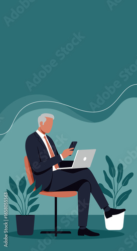Senior businessman working productively on laptop and smartphone in a modern, professional office setting, highlighting digital communication and efficiency.