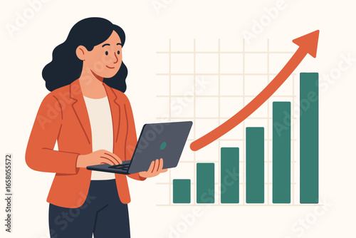 Return on investment concept. Woman investor with laptop analyzing stock market graph. Business success and financial growth chart. Profit arrow going up. Flat vector illustration.