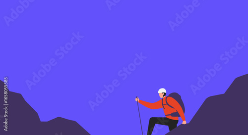 Illustration of a determined hiker ascending a mountain peak, symbolizing ambition, challenge, and outdoor adventure. Ideal for travel, business, or lifestyle themes.