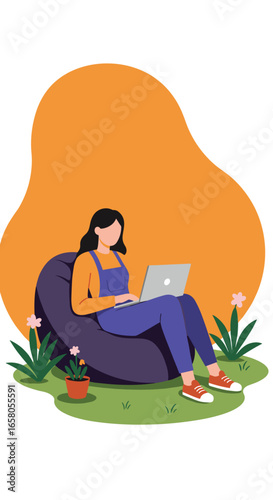 Young woman working on a laptop outdoors, comfortably seated on a bean bag chair in a garden. Represents remote work, flexible lifestyle, and digital independence.