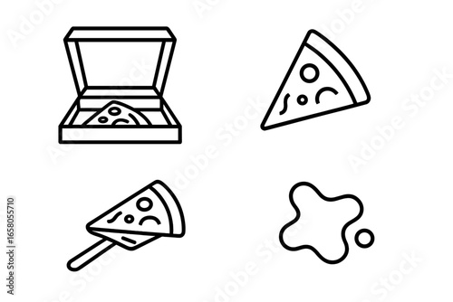 Pizza box icons set. Outline vector illustration of pizza delivery box opening, triangular cheese slice, pizza serving spatula, pizza grease stain, takeout packaging, fast food restaurant symbols