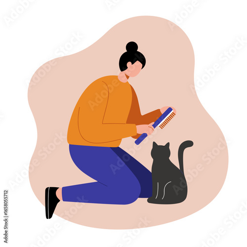 Person grooming a black cat with a brush, illustrating pet care, companionship, and animal well-being. Ideal for lifestyle and domestic concepts.