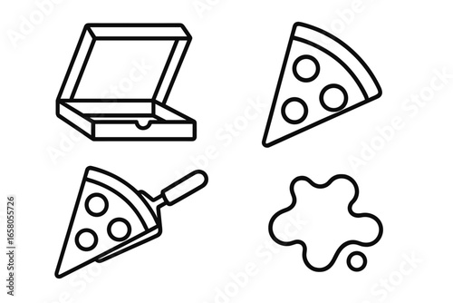 Pizza Box Icons Set. Outline Vector Illustration of Open Pizza Box, Pizza Slice, Slice on Spatula, Grease Stain. Fast Food Delivery Symbols, Takeout Packaging Concept, Restaurant Menu Elements.
