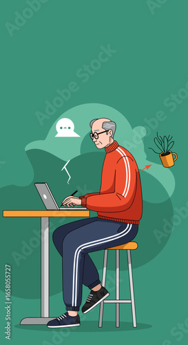 Senior man experiences back pain and digital frustration while working on a laptop with a stylus. Illustrates modern challenges and health concerns.