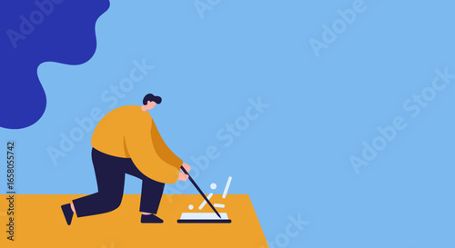 Modern illustration of a person diligently sweeping, symbolizing organization, efficiency, and task completion. Perfect for business, productivity, or lifestyle content.