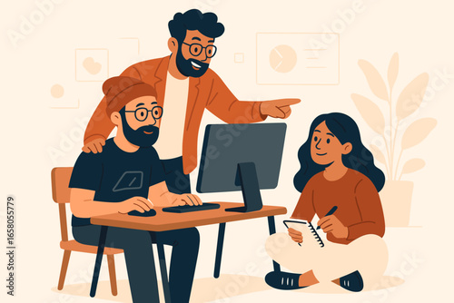 Small team working on a project. Creative leader pointing at computer screen. Hipster programmer at desk and woman taking notes. Concept of a creative agency and marketing team.