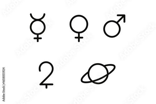 Vector set of planetary outline icons featuring Mercury, Venus, Mars, Jupiter, Saturn with rings, cosmic celestial symbols, space elements, astronomy and astrology illustration